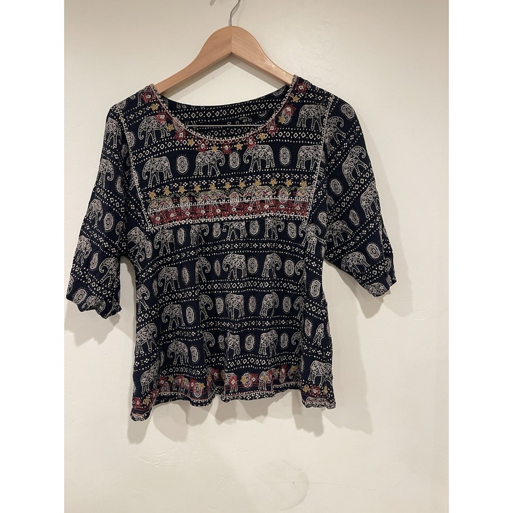 Boho Elephant Print Tunic Top Embroidered Navy Blue Red White Festival Ethnic S - Picture 2 of 9